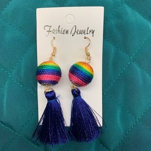 Blue tassel earrings with rainbow ball